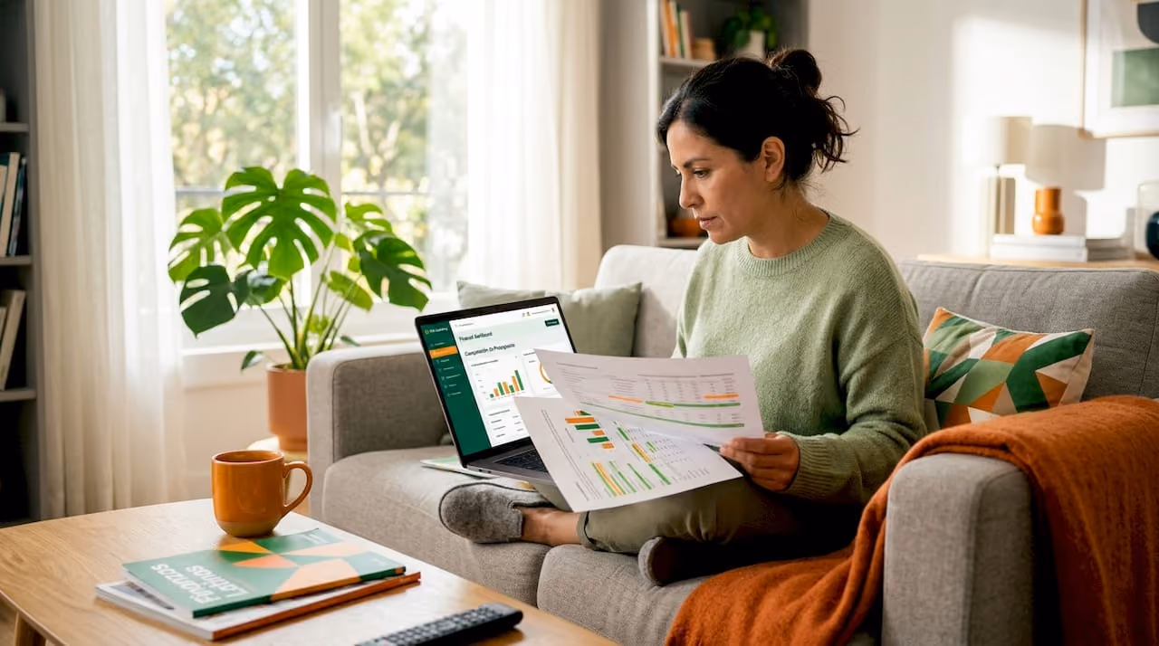 Mujer revisando y comparando opciones de ahorro para su jubilación en el salón de su casa
