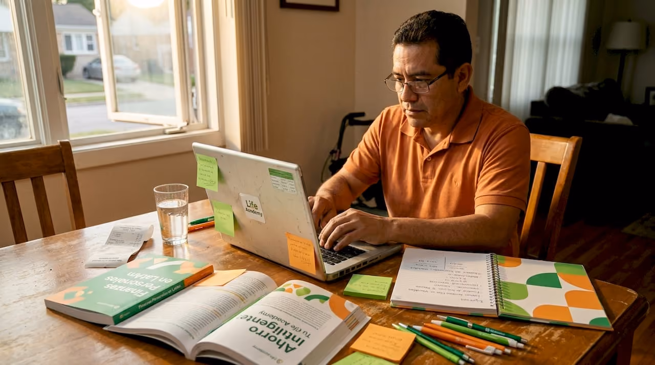 Joven repasando temas de finanzas desde casa con su portátil