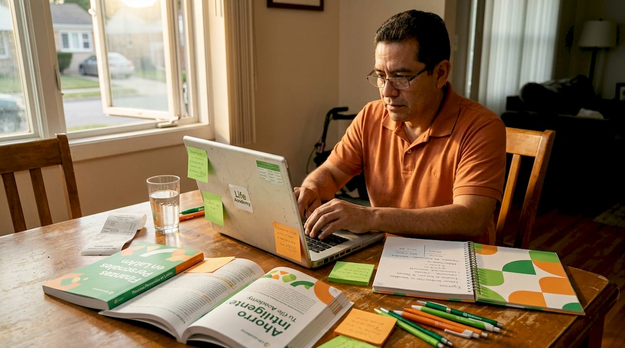 Joven repasando temas de finanzas desde casa con su portátil