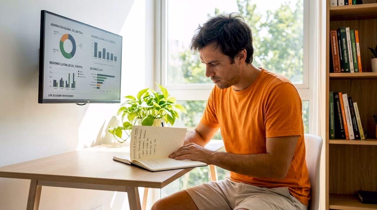 Un hombre revisa la diversificación de sus ETFs mientras trabaja en su escritorio en casa.