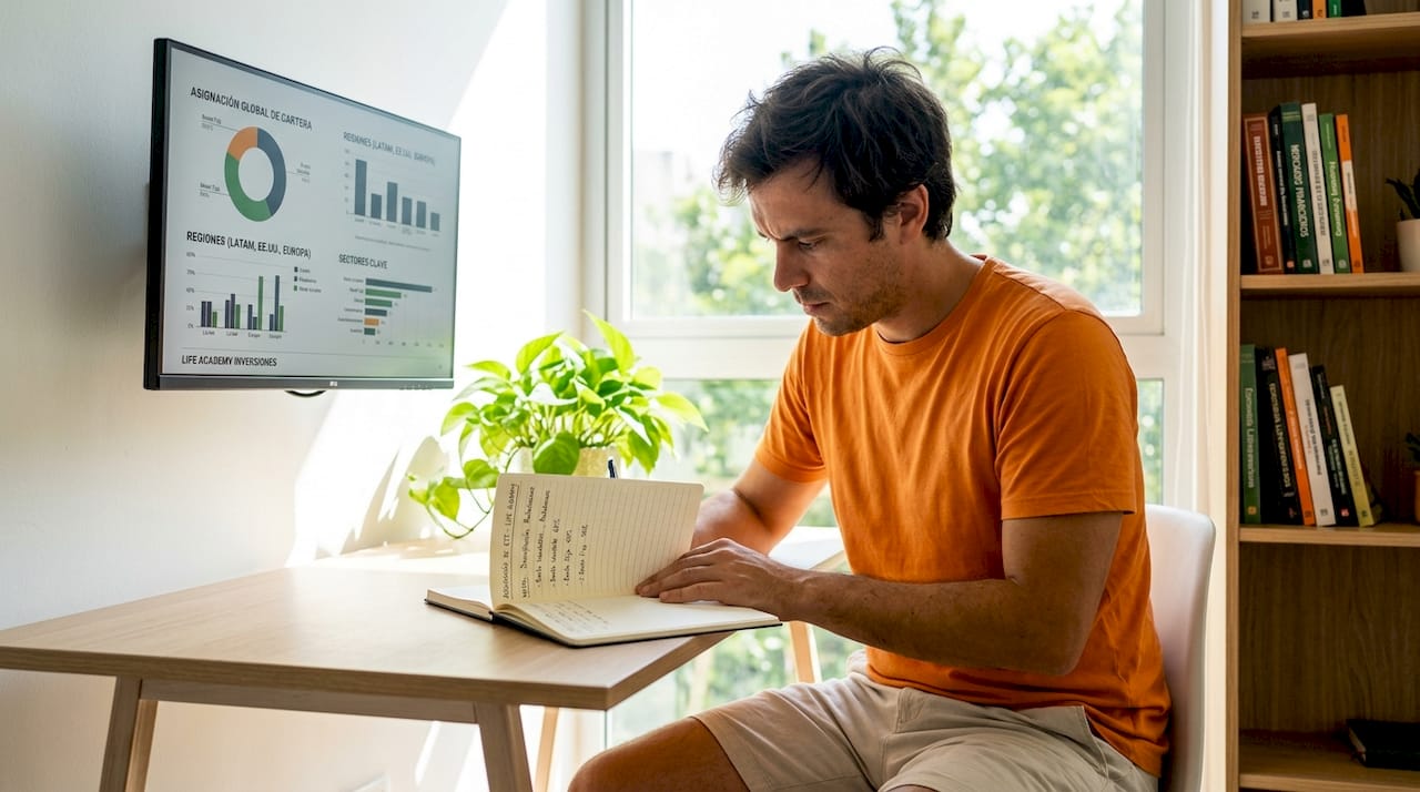 Un hombre revisa la diversificación de sus ETFs mientras trabaja en su escritorio en casa.
