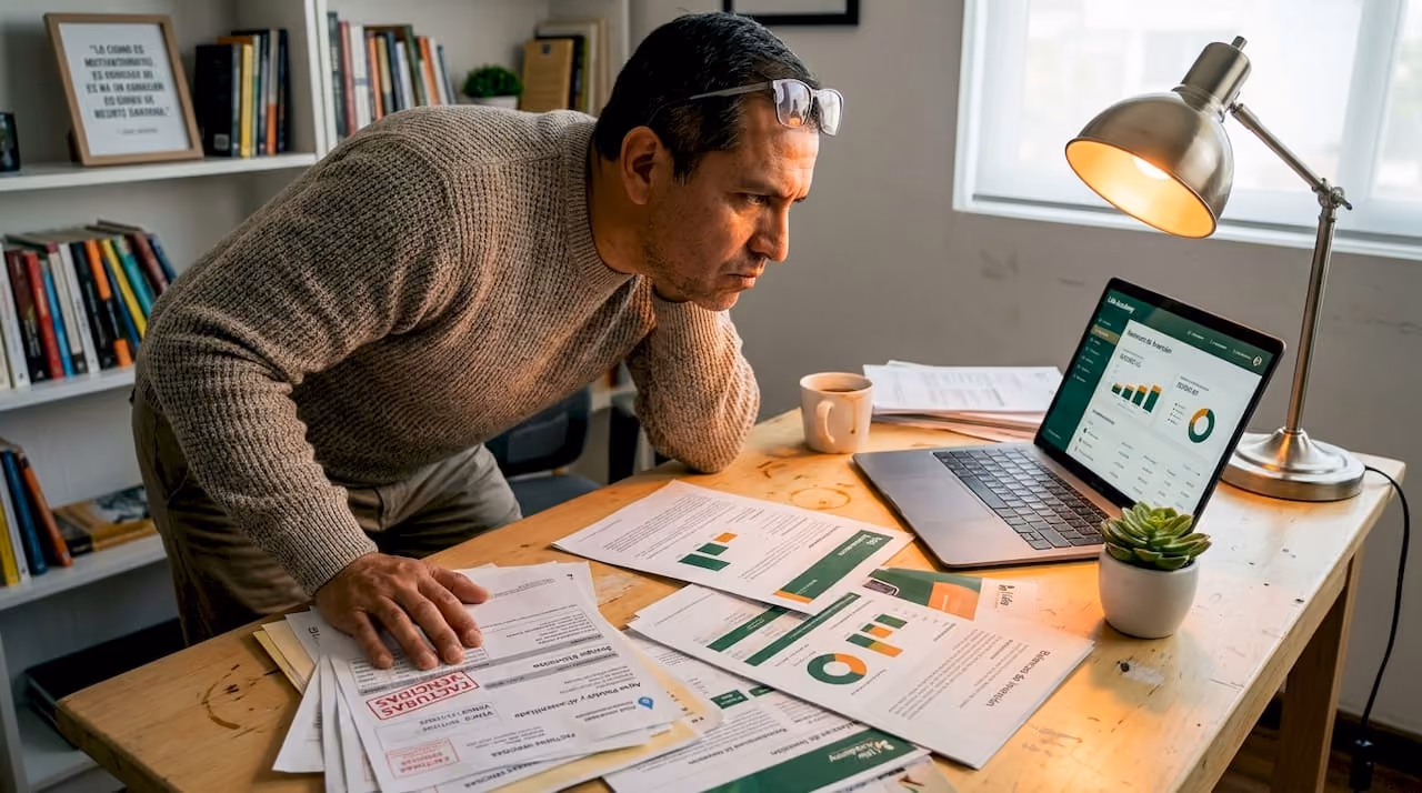 Hombre revisando sus inversiones desde el escritorio de casa
