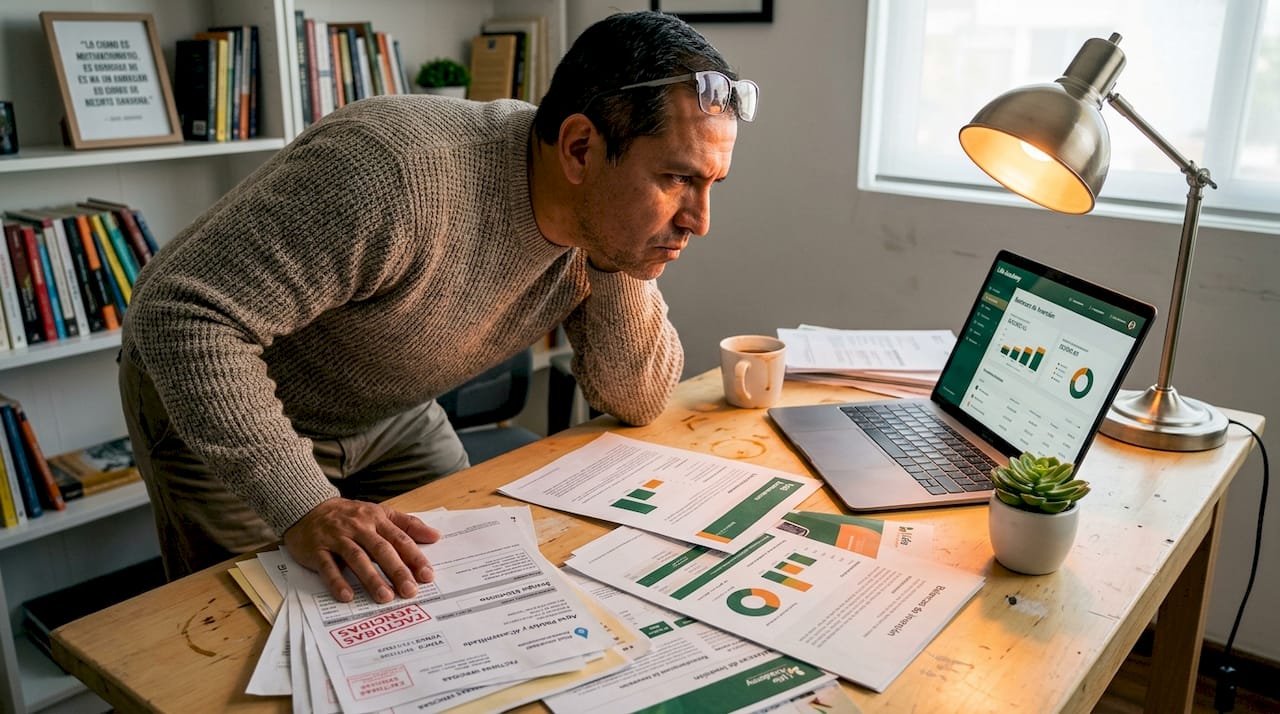 Hombre revisando sus inversiones desde el escritorio de casa