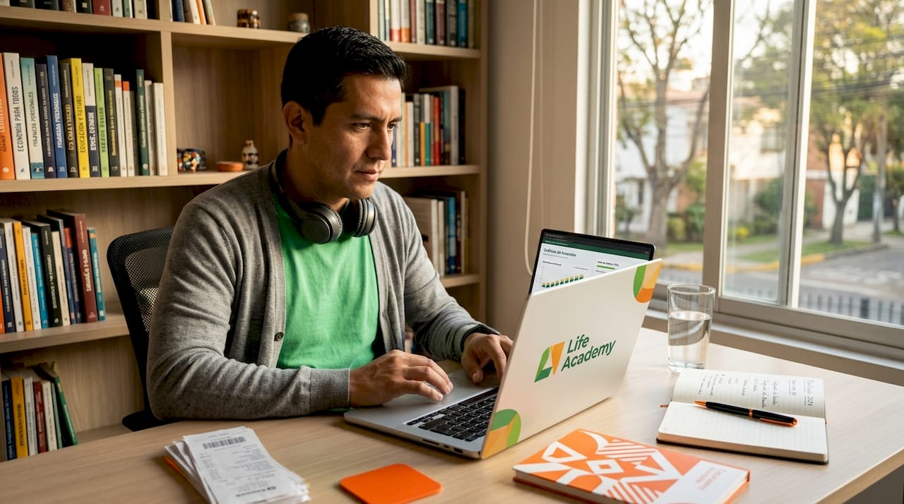 Un hombre revisa sus cuentas y organiza sus finanzas sentado en el escritorio de su casa.