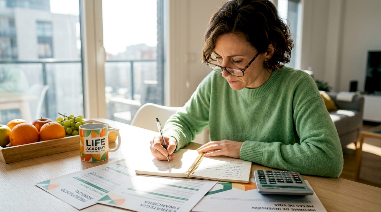 Mujer revisando sus cuentas en la mesa de la cocina