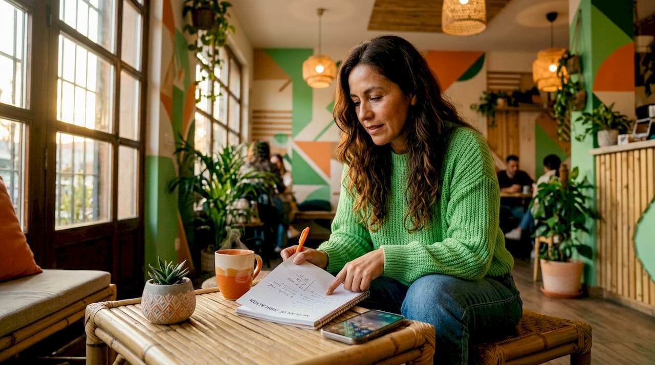 Mujer organizando su futuro financiero para la jubilación mientras disfruta de un café