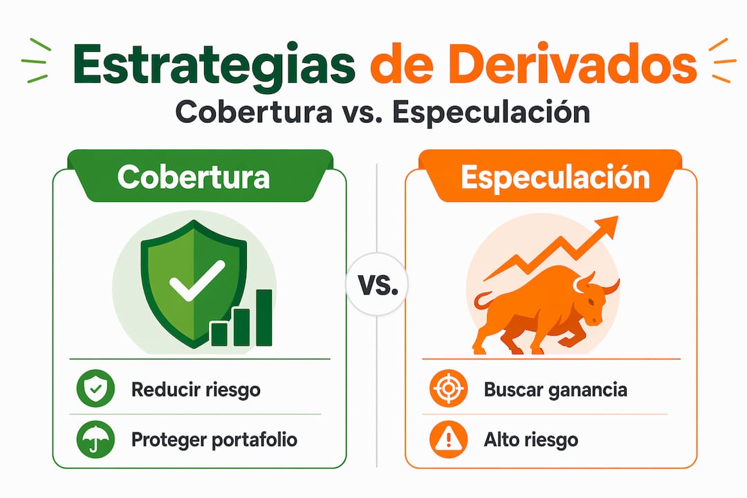 Infografía que muestra las diferencias entre estrategias de cobertura y operaciones especulativas con derivados