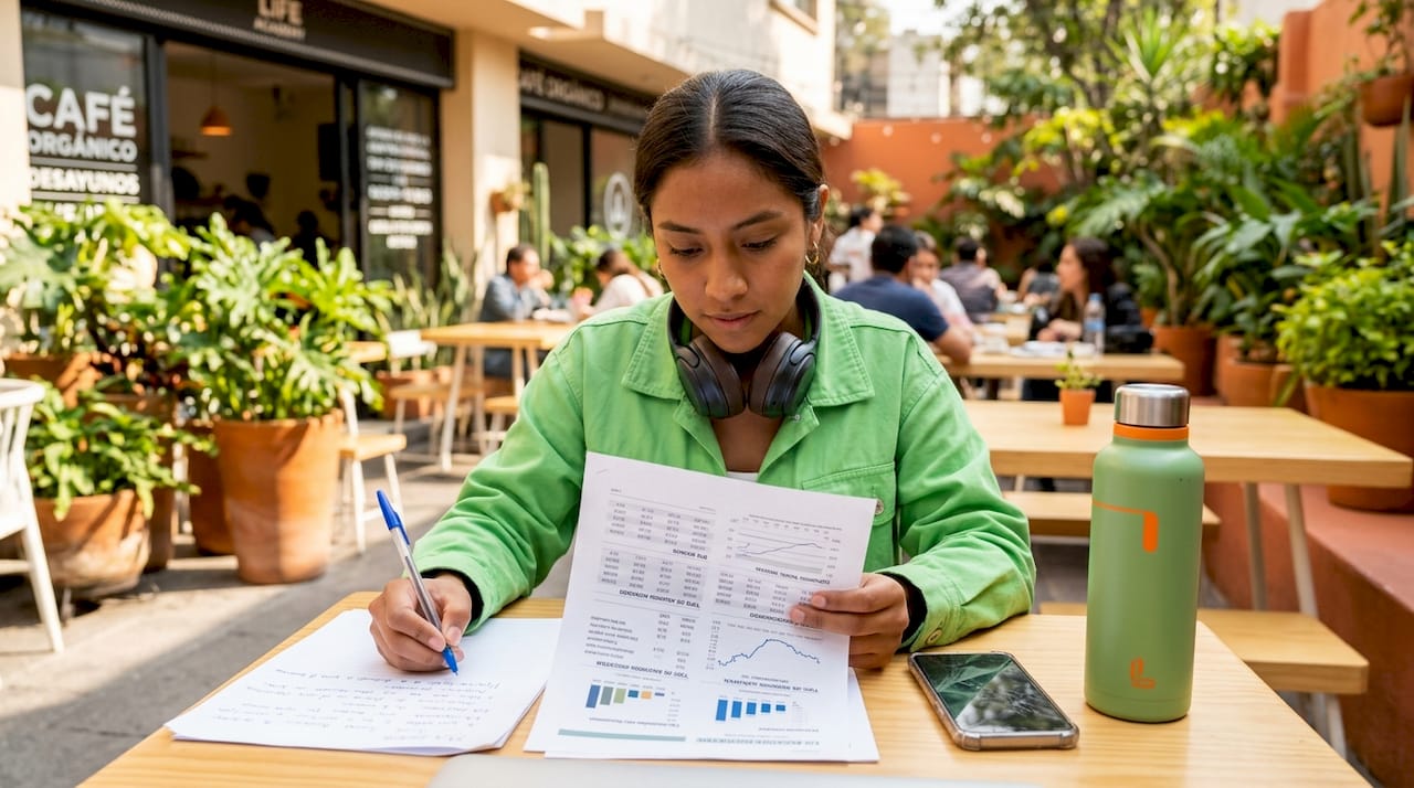 Especialista financiero analizando métricas en un espacio de coworking