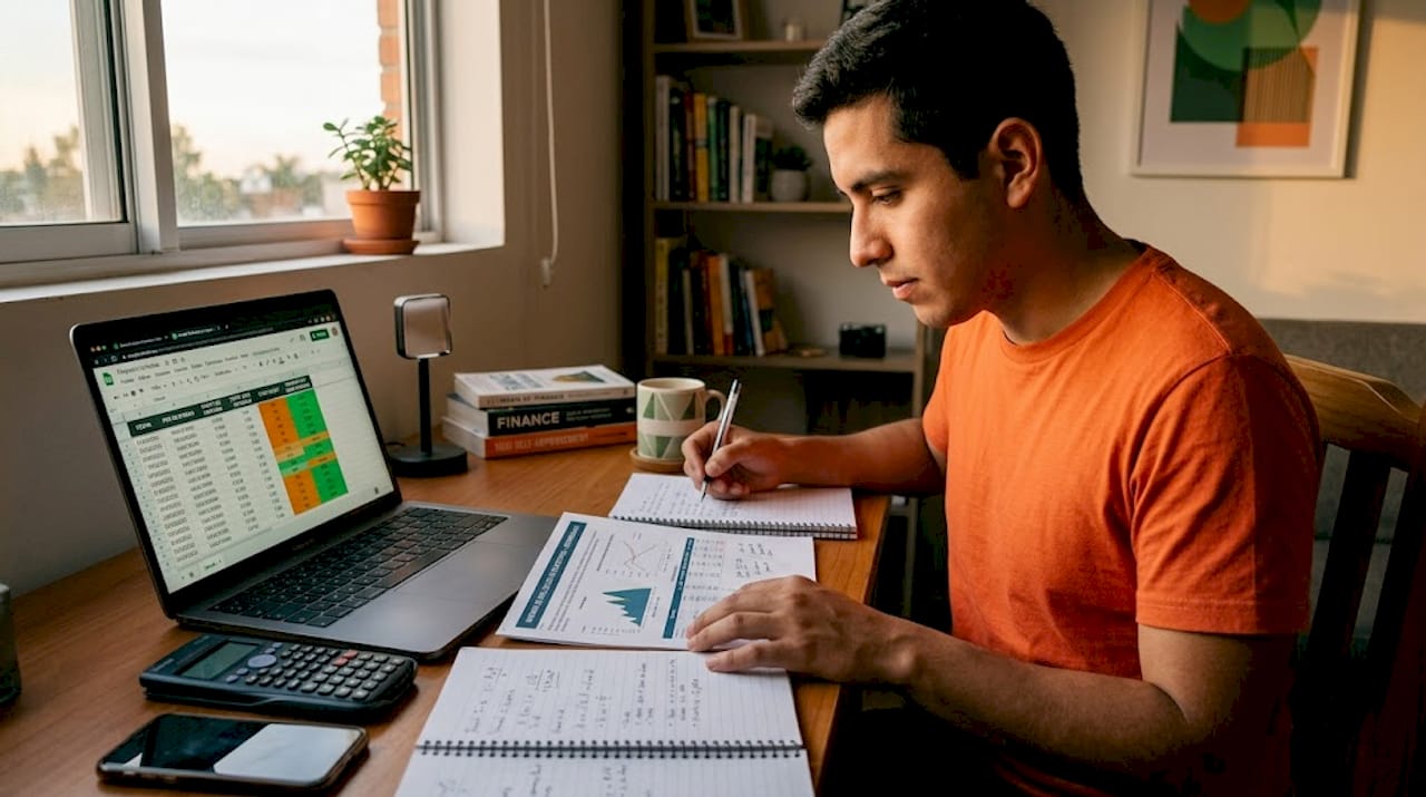 Un operador analiza los resultados de una simulación de trading sentado en la mesa.