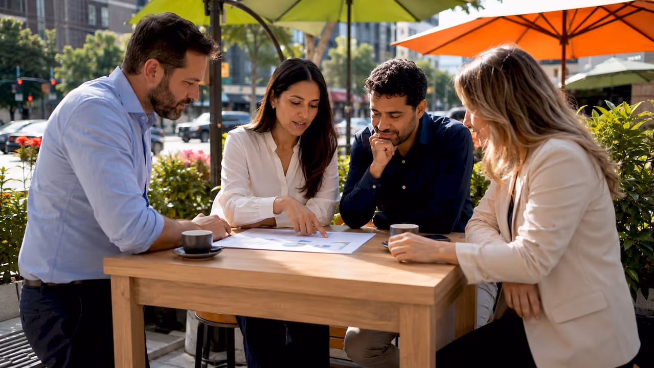 El equipo revisa juntos la lista de control para gestionar los riesgos financieros.