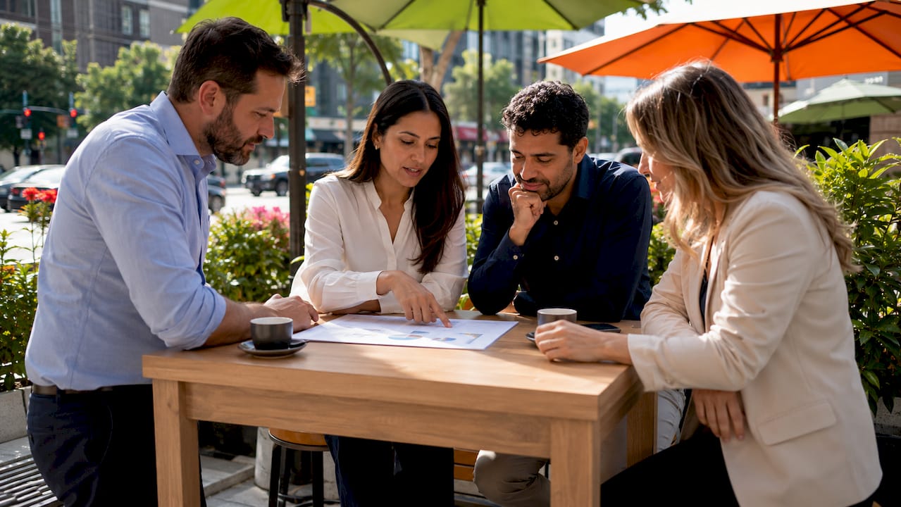 El equipo revisa juntos la lista de control para gestionar los riesgos financieros.