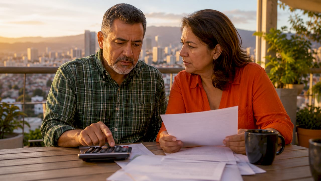 Una pareja revisa sus cuentas y papeles financieros en la tranquilidad de su hogar.