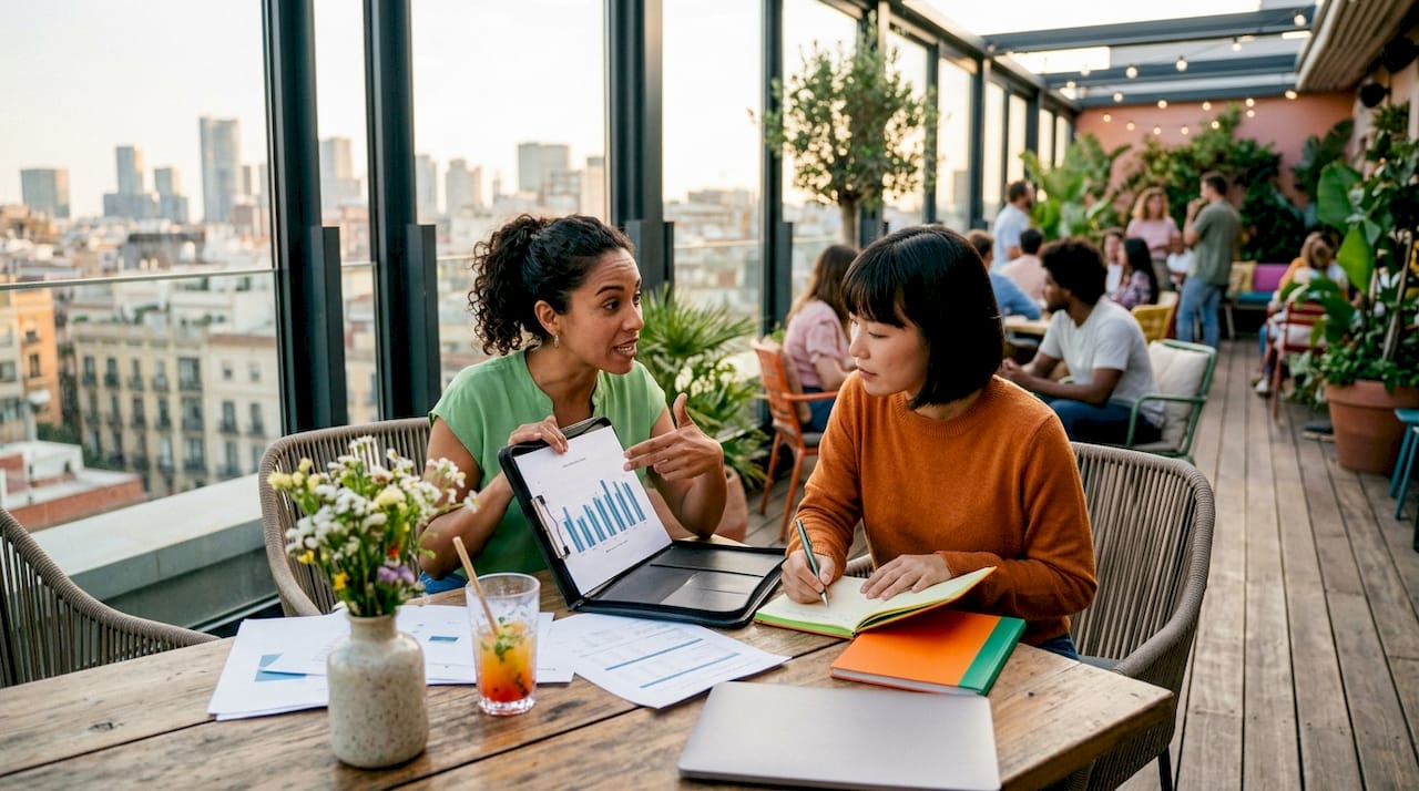 Dos mujeres analizan juntas los gráficos de inversión durante una reunión de trabajo.