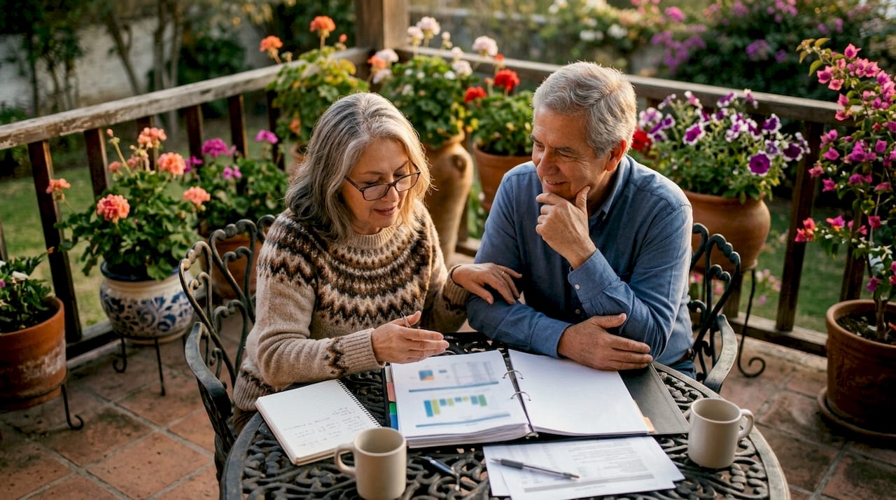 Un matrimonio de edad revisa sus cuentas en el salón de su casa.