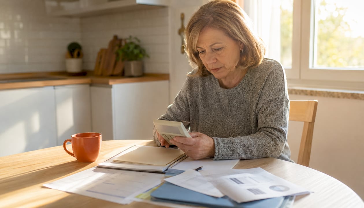 Manos utilizando una calculadora mientras revisan apuntes financieros