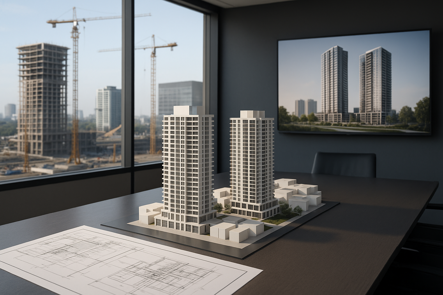 Architectural model of two high-rise buildings on a table with blueprints, overlooking a construction site with cranes and an image of the completed towers on the wall.