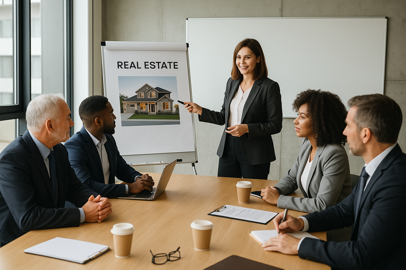 Real estate agent presenting a house photo to four business professionals seated at a conference table.
