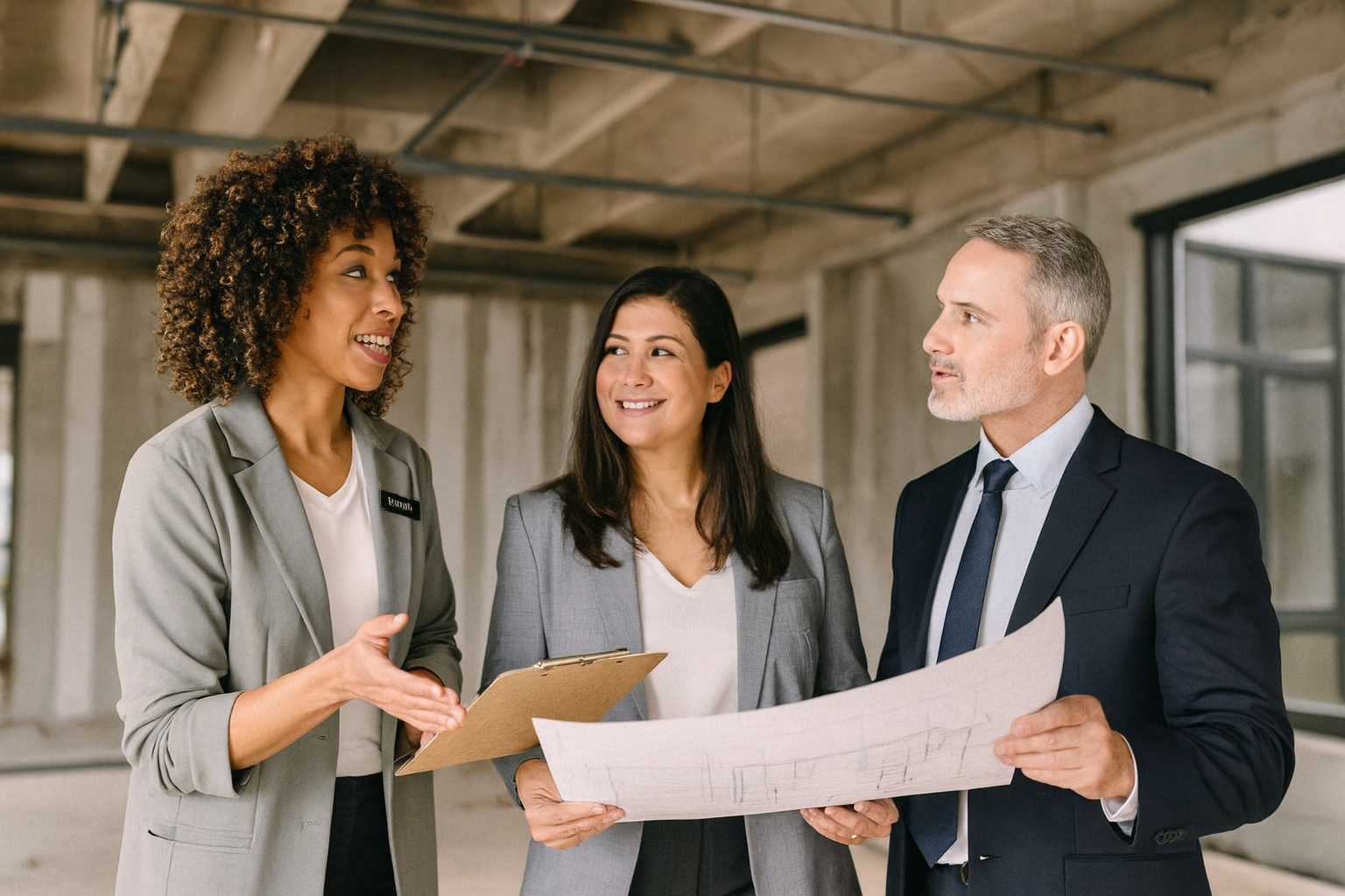 Three professionals in business attire discussing blueprints in an unfinished room.