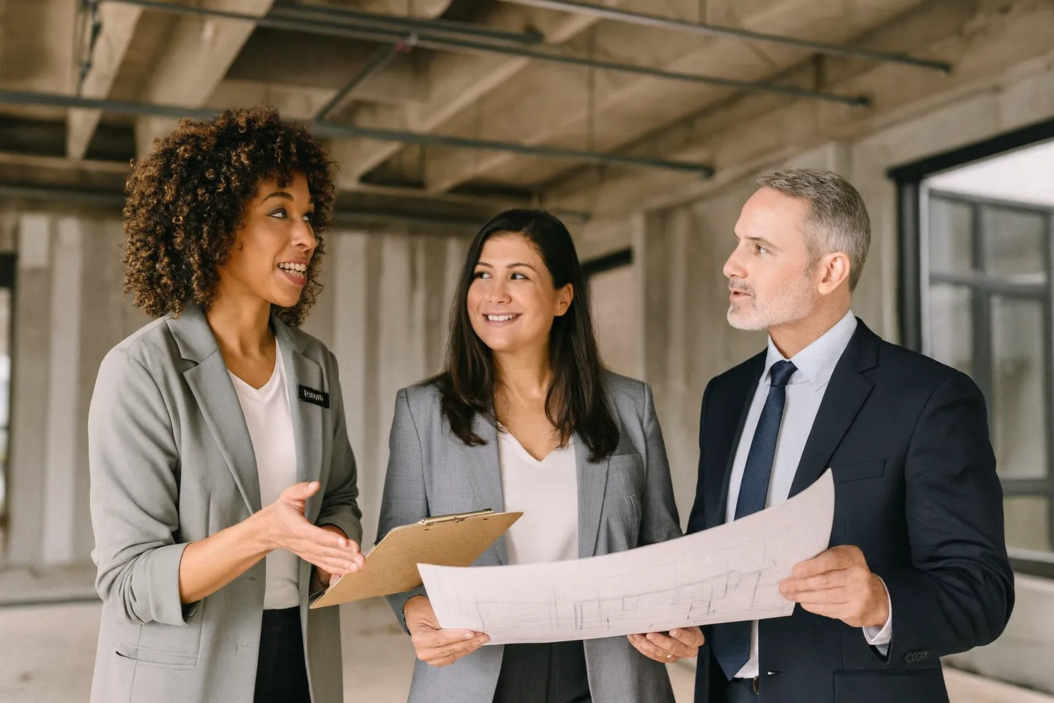 Three business professionals in suits discussing a blueprint plan inside an unfinished building.
