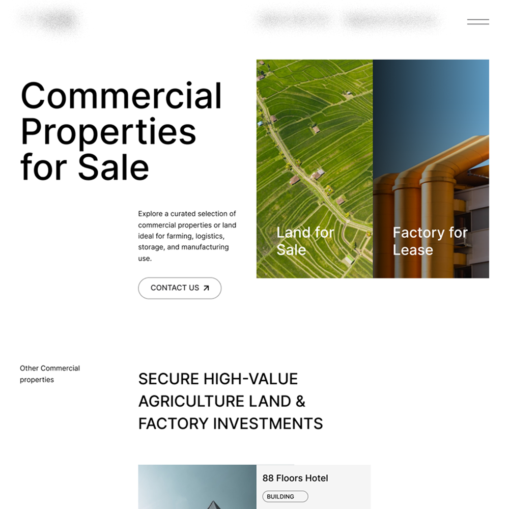 Website section showing commercial properties for sale with images of green farmland labeled 'Land for Sale' and industrial pipes labeled 'Factory for Lease'.