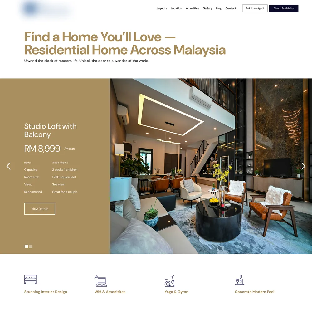 Modern studio loft with balcony featuring stylish living area, dining table, staircase, and large TV against marble accent wall.