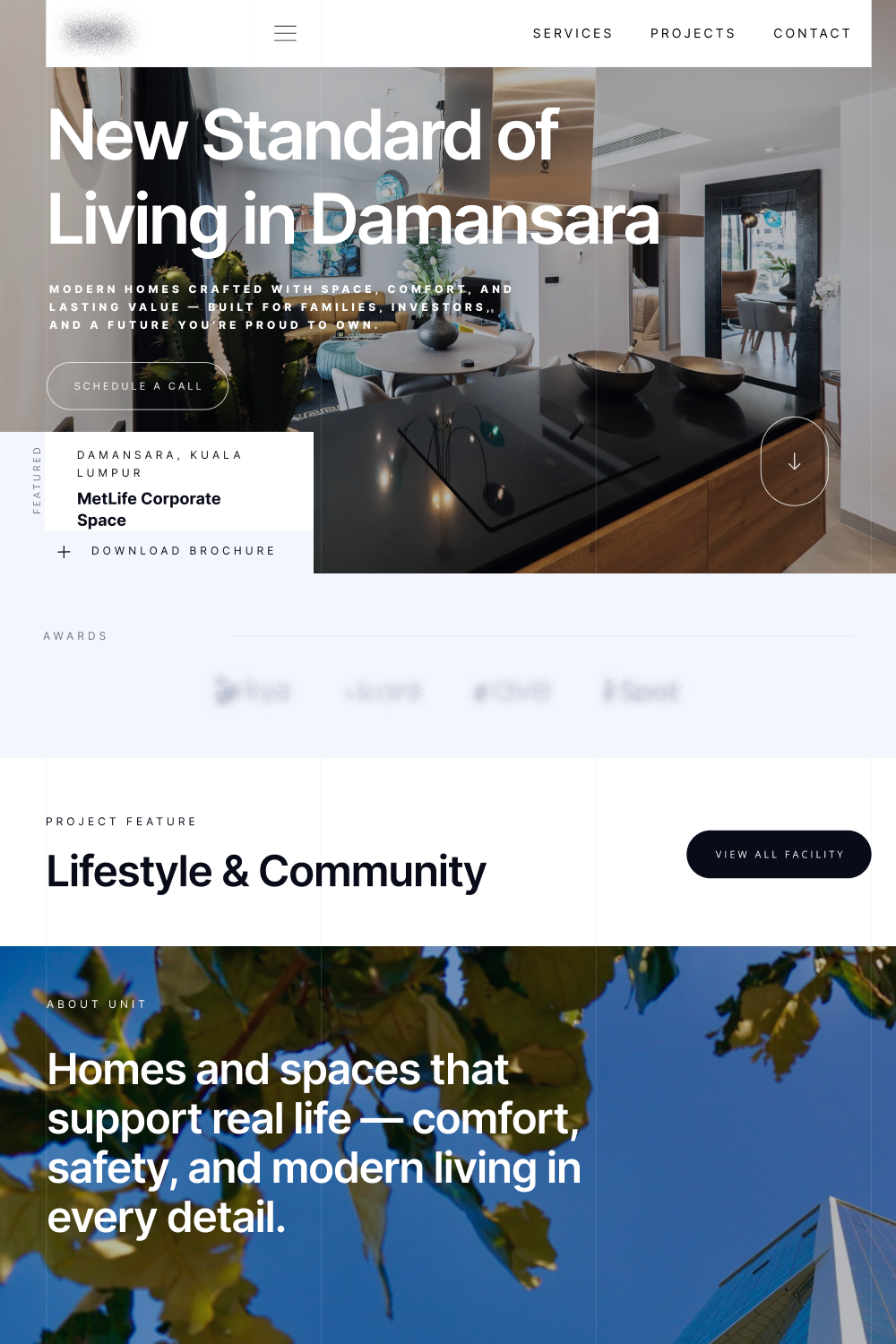Modern kitchen with black countertop and wooden cabinetry, adjacent to a dining area with a round table and chairs, inside a contemporary home in Damansara.