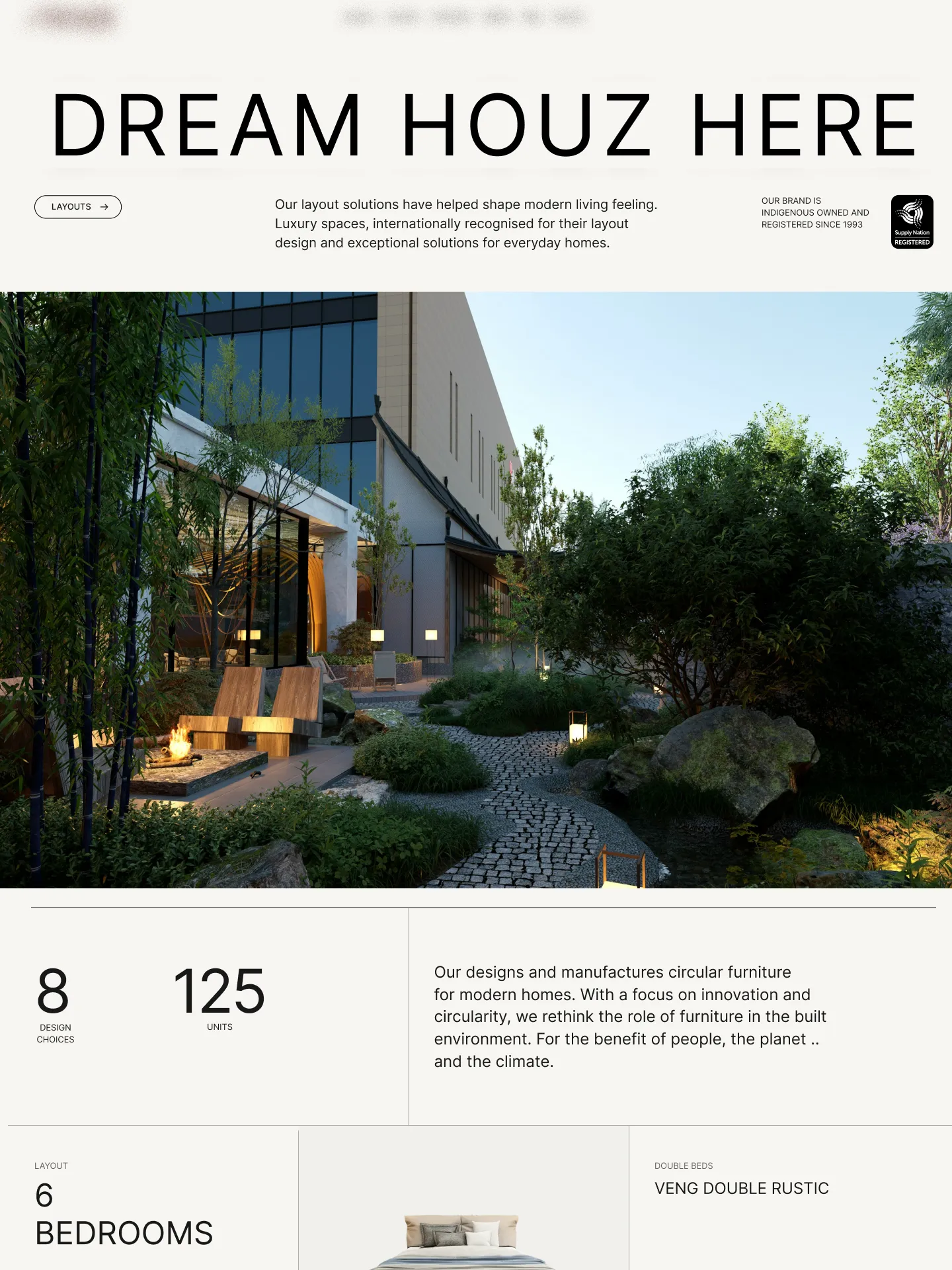 Modern outdoor garden area with stone pathway, greenery, lounge chairs, and illuminated fire pit next to a contemporary building.