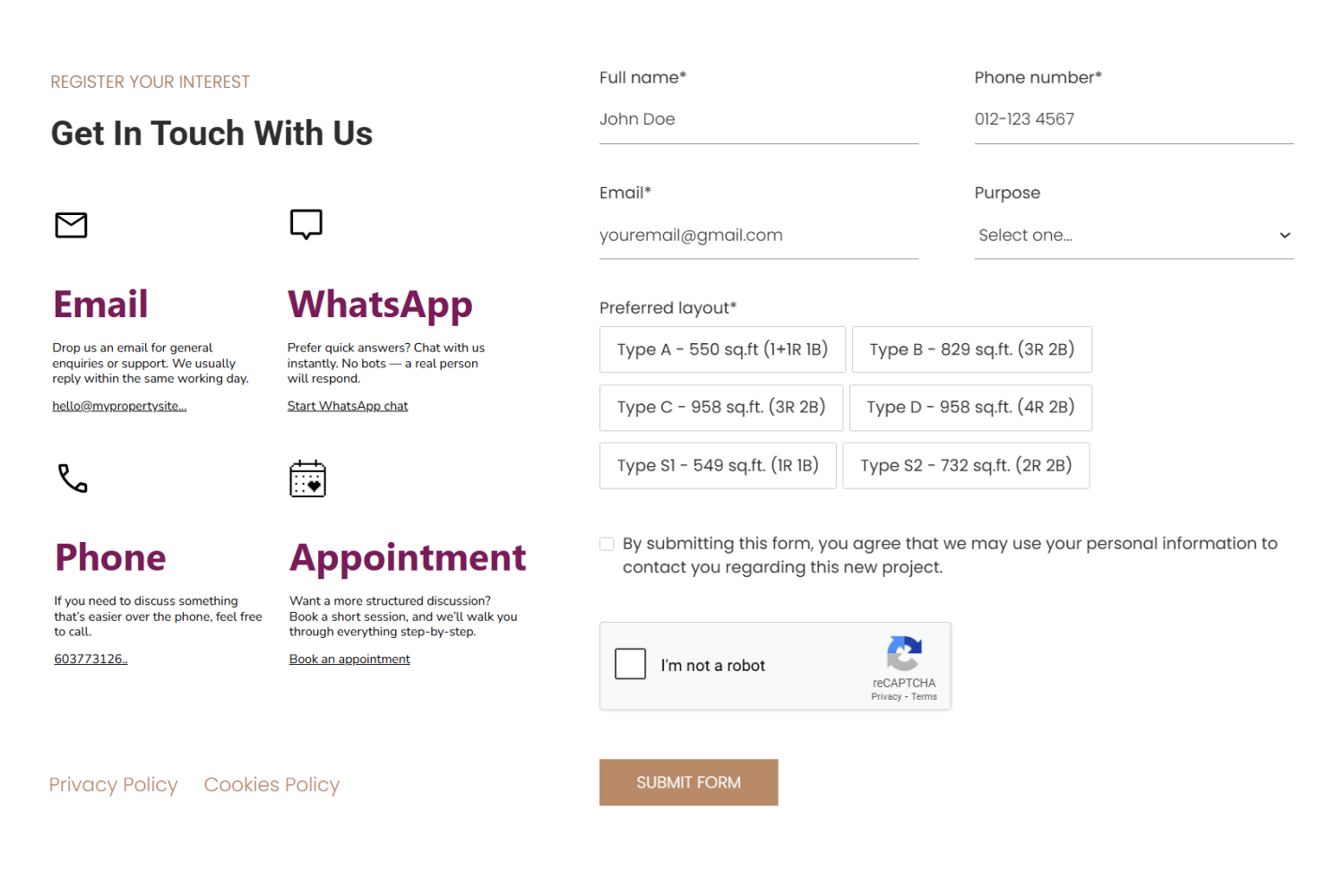 Contact form with options for Email, WhatsApp, Phone, and Appointment, fields for full name, phone number, email, purpose, preferred layout selection, a consent checkbox, reCAPTCHA verification, and a submit button.