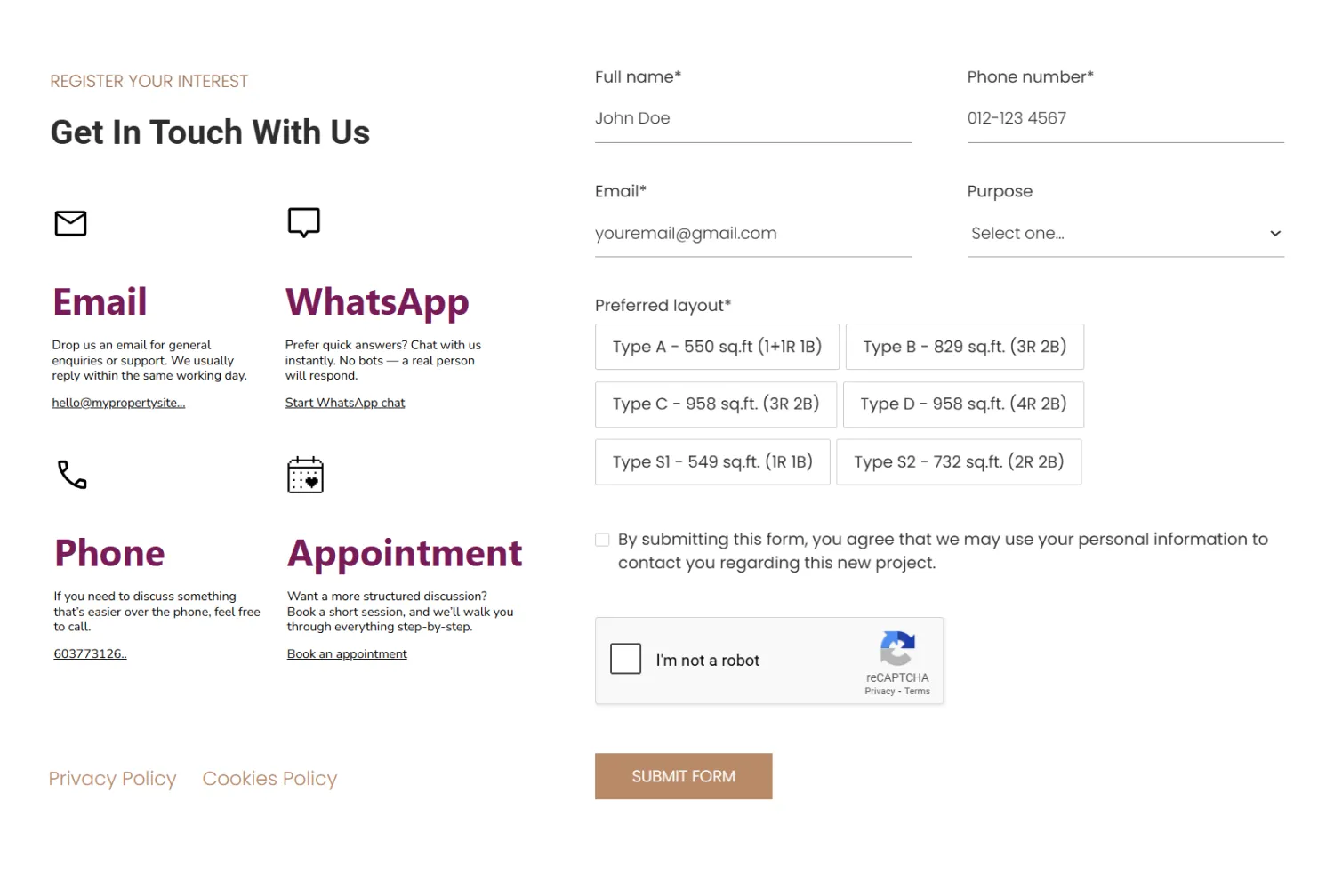 Contact form with options for Email, WhatsApp, Phone, and Appointment, fields for full name, phone number, email, purpose, preferred layout selection, a consent checkbox, reCAPTCHA verification, and a submit button.