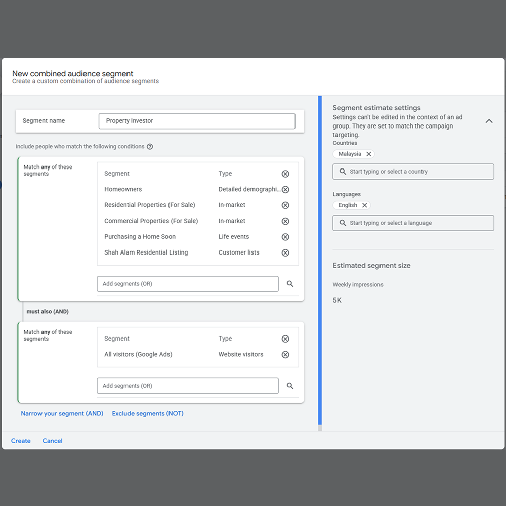 Screen showing the creation of a new combined audience segment named Property Investor with conditions including homeowners, residential and commercial properties for sale, purchasing a home soon, and Shah Alam residential listing, plus all visitors from Google Ads, targeting Malaysia and English language with an estimated weekly impression of 5K.