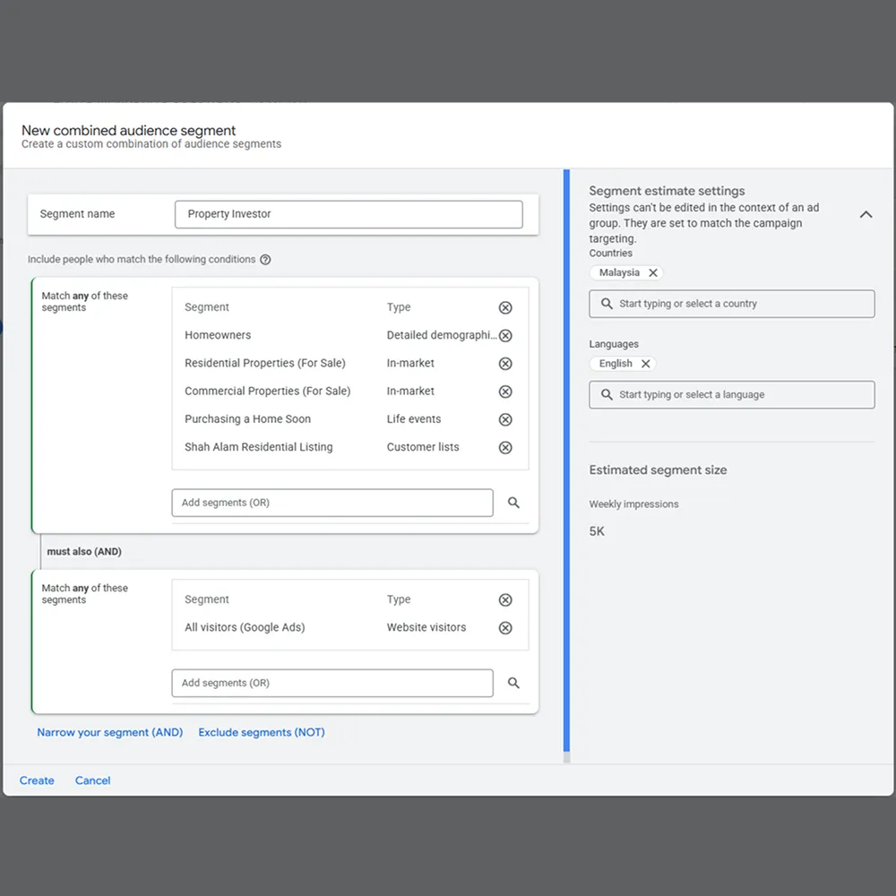 Screen showing the creation of a new combined audience segment named Property Investor with conditions including homeowners, residential and commercial properties for sale, purchasing a home soon, and Shah Alam residential listing, plus all visitors from Google Ads, targeting Malaysia and English language with an estimated weekly impression of 5K.