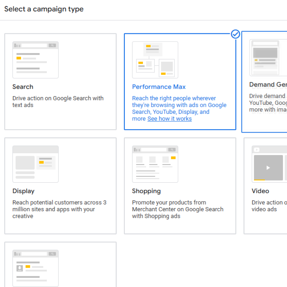 Google Ads campaign type selection menu highlighting Performance Max campaign with description and icons for other types: Search, Display, Shopping, Video.