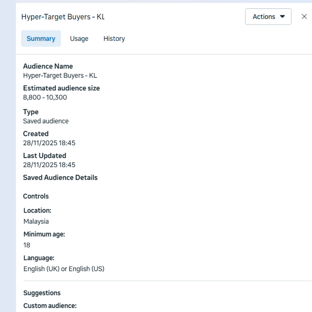 Summary tab of Hyper-Target Buyers - KL audience showing estimated size 8,800 to 10,300, location Malaysia, minimum age 18, language English UK or US, created and updated on 28/11/2025 18:45.