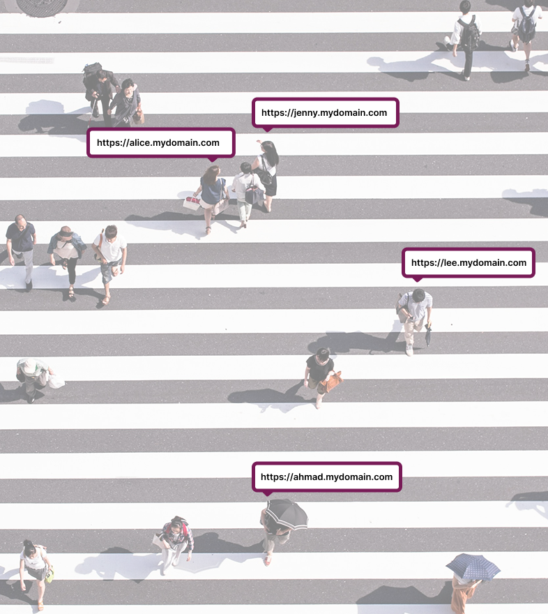 Overhead view of people walking across a large striped pedestrian crosswalk in daylight.