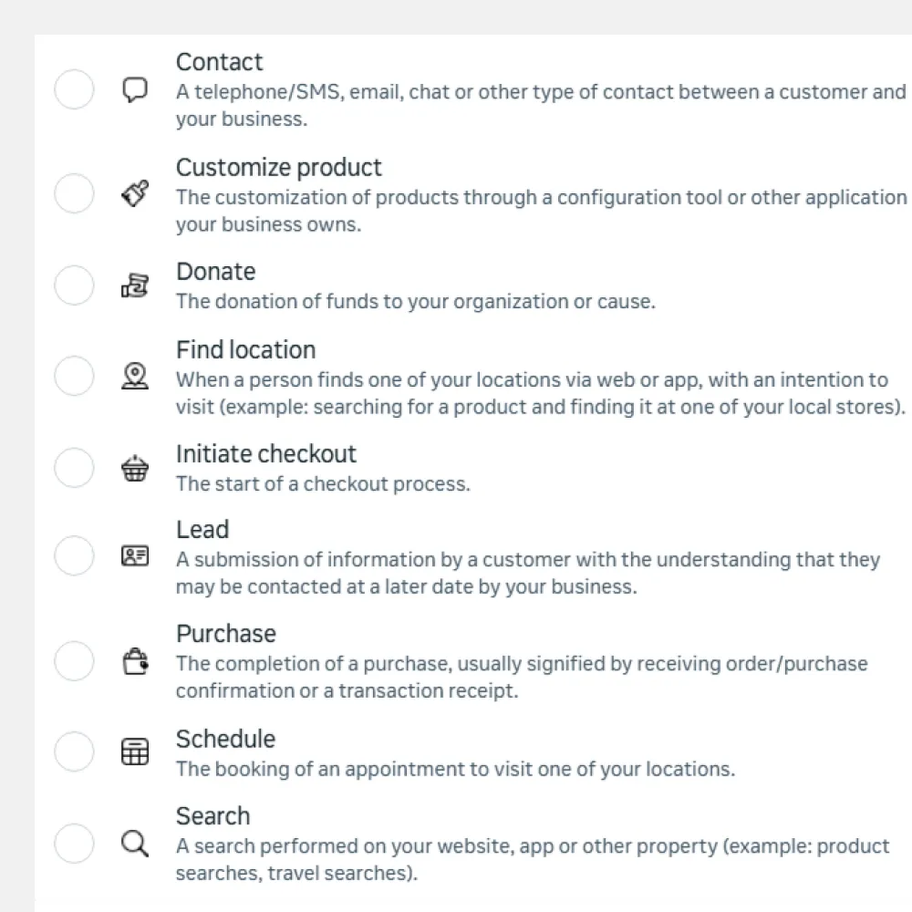 List of business action options with icons and descriptions: Contact, Customize product, Donate, Find location, Initiate checkout, Lead, Purchase, Schedule, and Search.