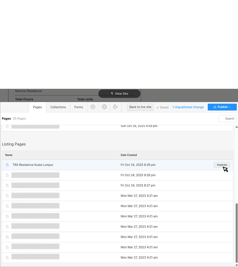 Website interface showing a list of pages with names and creation dates, highlighting 'TRX Residence Kuala Lumpur' with a cursor over a 'Duplicate' button.
