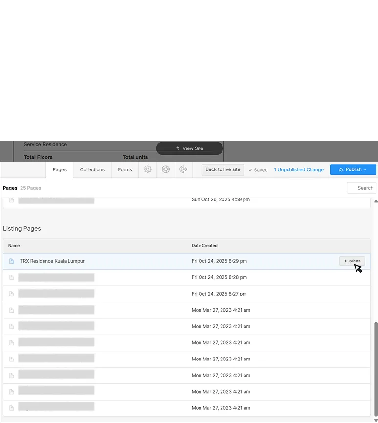 Website interface showing a list of pages with names and creation dates, highlighting 'TRX Residence Kuala Lumpur' with a cursor over a 'Duplicate' button.