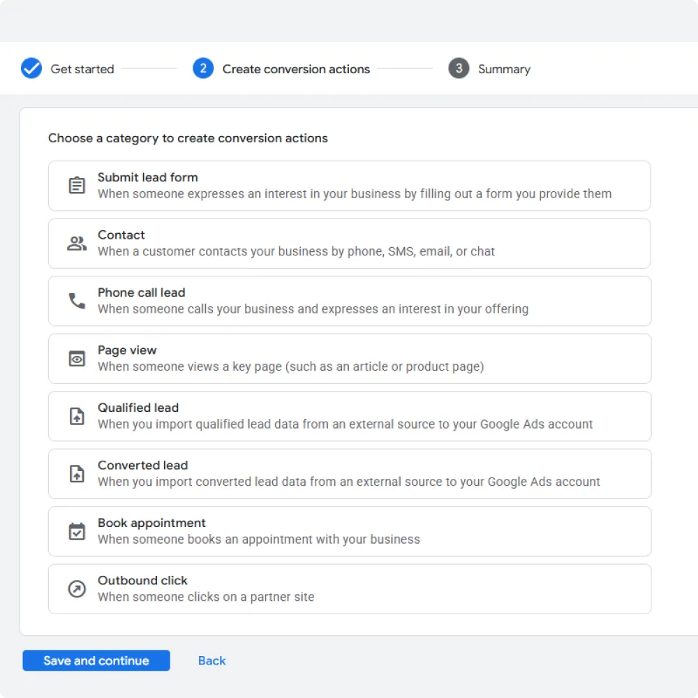 Google Ads interface showing step 2 of 3 to create conversion actions with options like Submit lead form, Contact, Phone call lead, Page view, Qualified lead, Converted lead, Book appointment, and Outbound click.