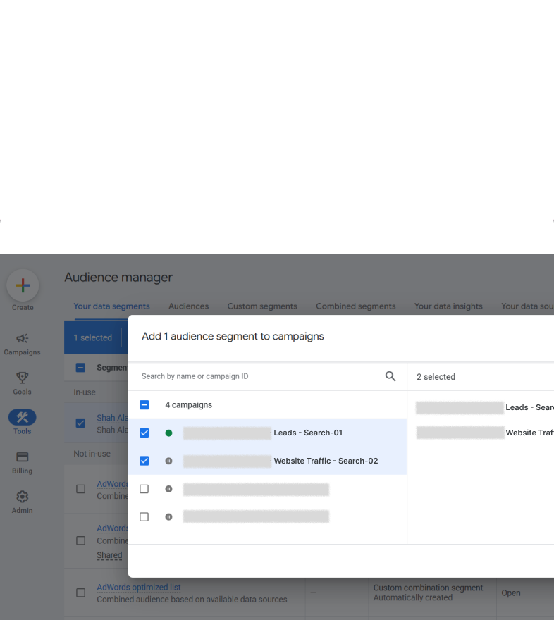 Audience manager interface showing add 1 audience segment to campaigns with checkboxes for selecting leads and website traffic campaigns.