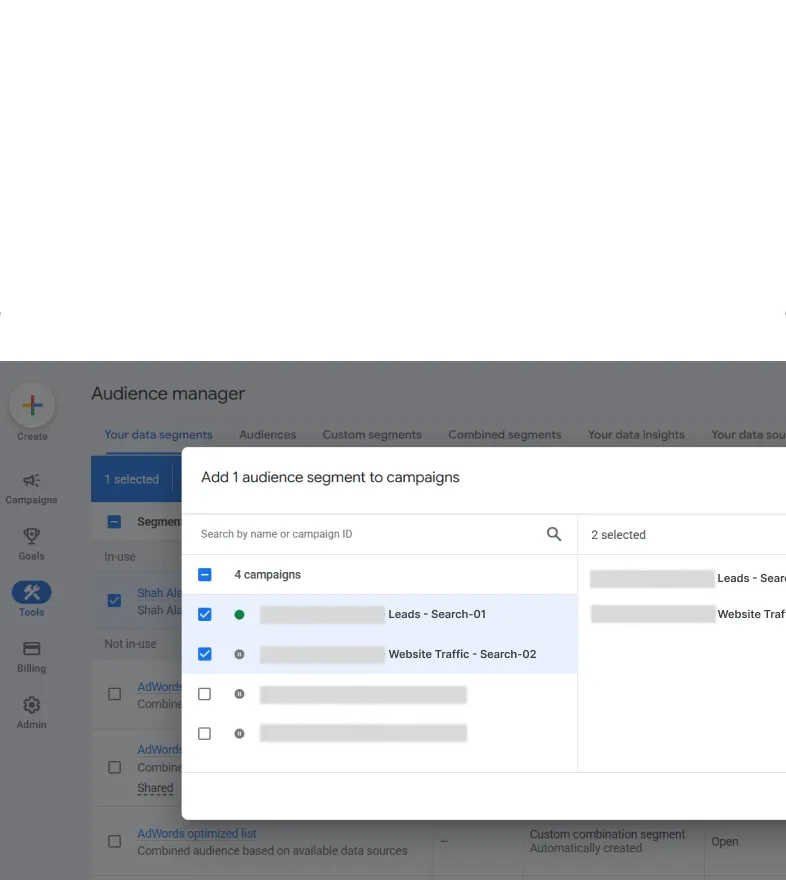 Audience manager interface showing add 1 audience segment to campaigns with checkboxes for selecting leads and website traffic campaigns.