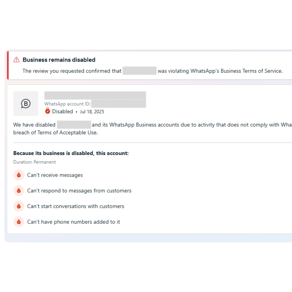 WhatsApp notification stating a business account remains disabled for violating Business Terms of Service, listing restrictions including inability to receive or respond to messages, start conversations, or add phone numbers.