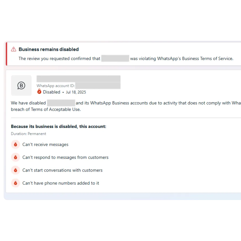 WhatsApp notification stating a business account remains disabled for violating Business Terms of Service, listing restrictions including inability to receive or respond to messages, start conversations, or add phone numbers.