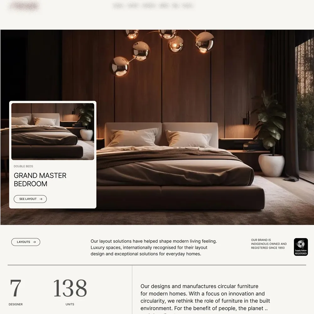 Modern bedroom with a large bed, two pillows, brown bedding, wooden-paneled wall, pendant lights, and a potted plant by a window.