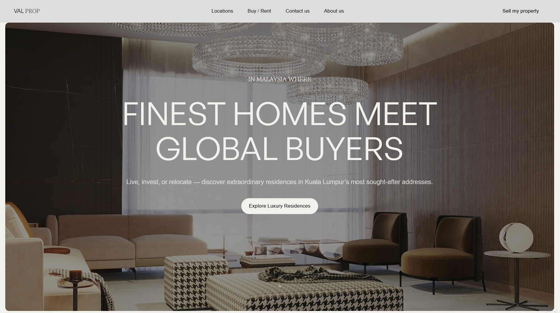 Elegant modern living room with beige sofa, patterned ottomans, brown chairs, and crystal chandeliers.