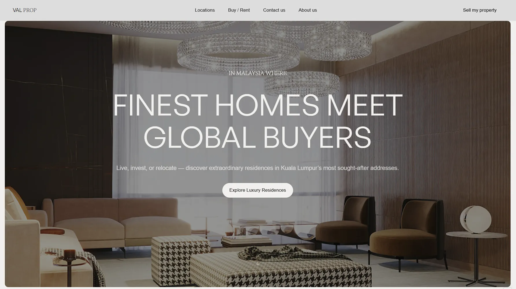 Elegant modern living room with beige sofa, patterned ottomans, brown chairs, and crystal chandeliers.