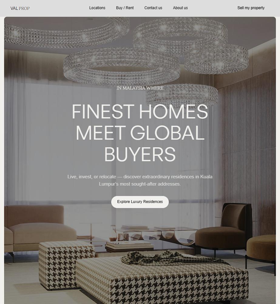 Modern living room with patterned ottoman, brown chairs, and large crystal chandeliers hanging from the ceiling.