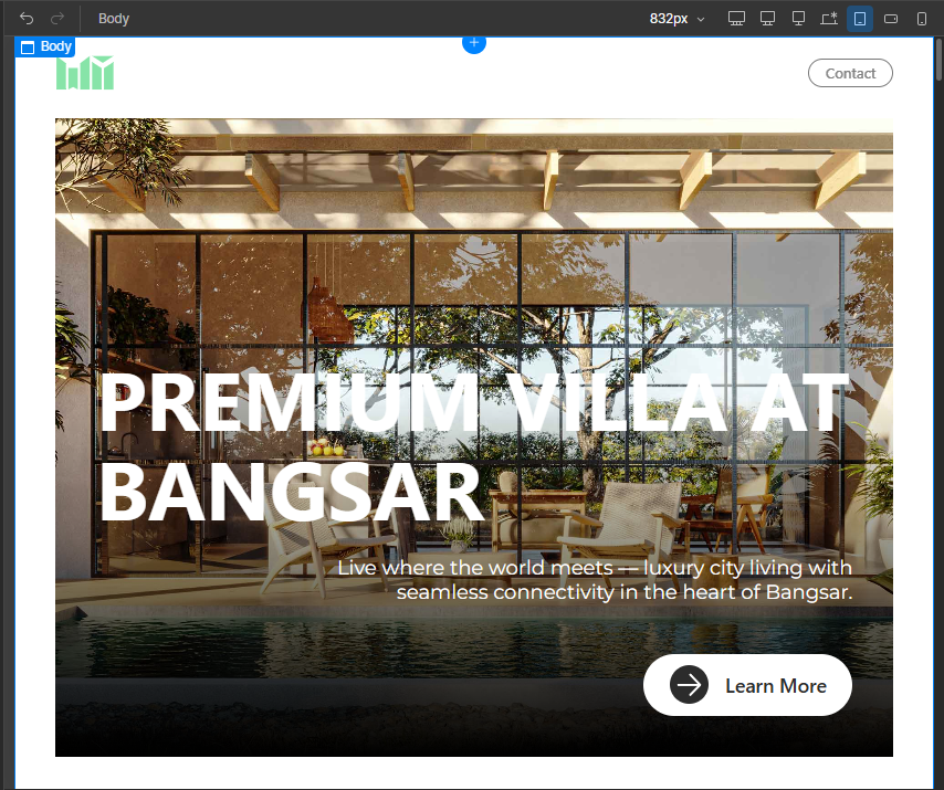 Modern villa with large glass windows overlooking a swimming pool and outdoor seating area surrounded by plants and trees.