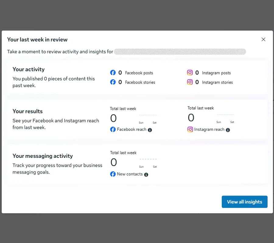Social media dashboard showing zero Facebook and Instagram posts, stories, reach, and new contacts from last week with an option to view all insights.