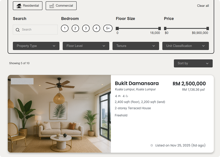 Modern living room with beige sofa, round coffee table, two plant pots, ceiling fan, and large windows with city view in a Bukit Damansara terraced house listing.