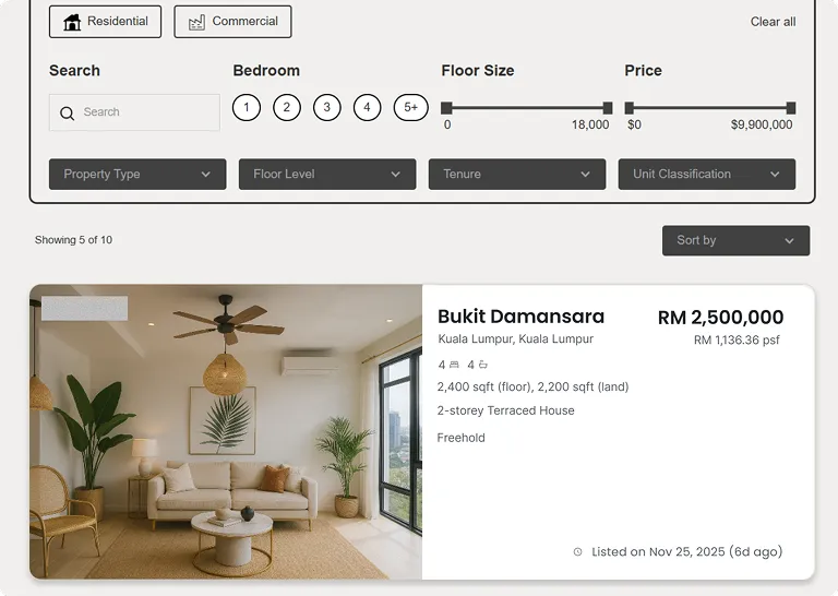 Modern living room with beige sofa, round coffee table, two plant pots, ceiling fan, and large windows with city view in a Bukit Damansara terraced house listing.